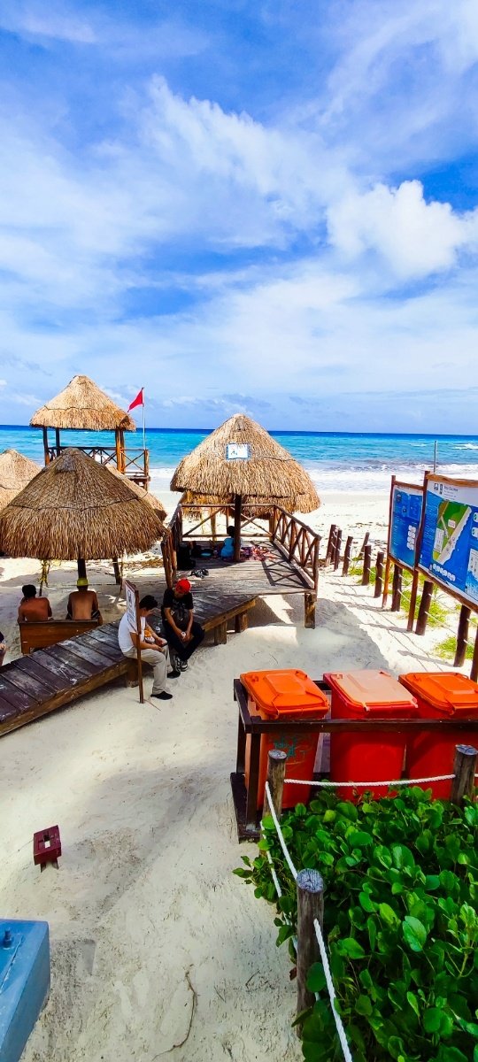 Palapas acogedoras junto al mar en Playa Chac Mool, perfectas para disfrutar de la brisa del Caribe. © 2024 Castor Daniel Oregel Maldonado